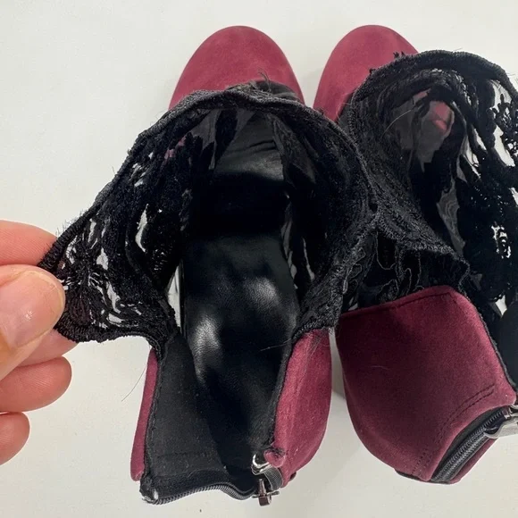 Elegant Lace-Trimmed Burgundy Ankle Boots - Picture 6 of 9